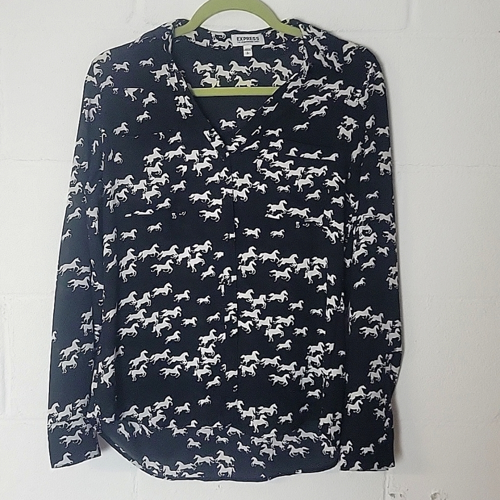 Express Sheer Portifino Button Down Blouse - Novelty Wild Horse Print Size Small